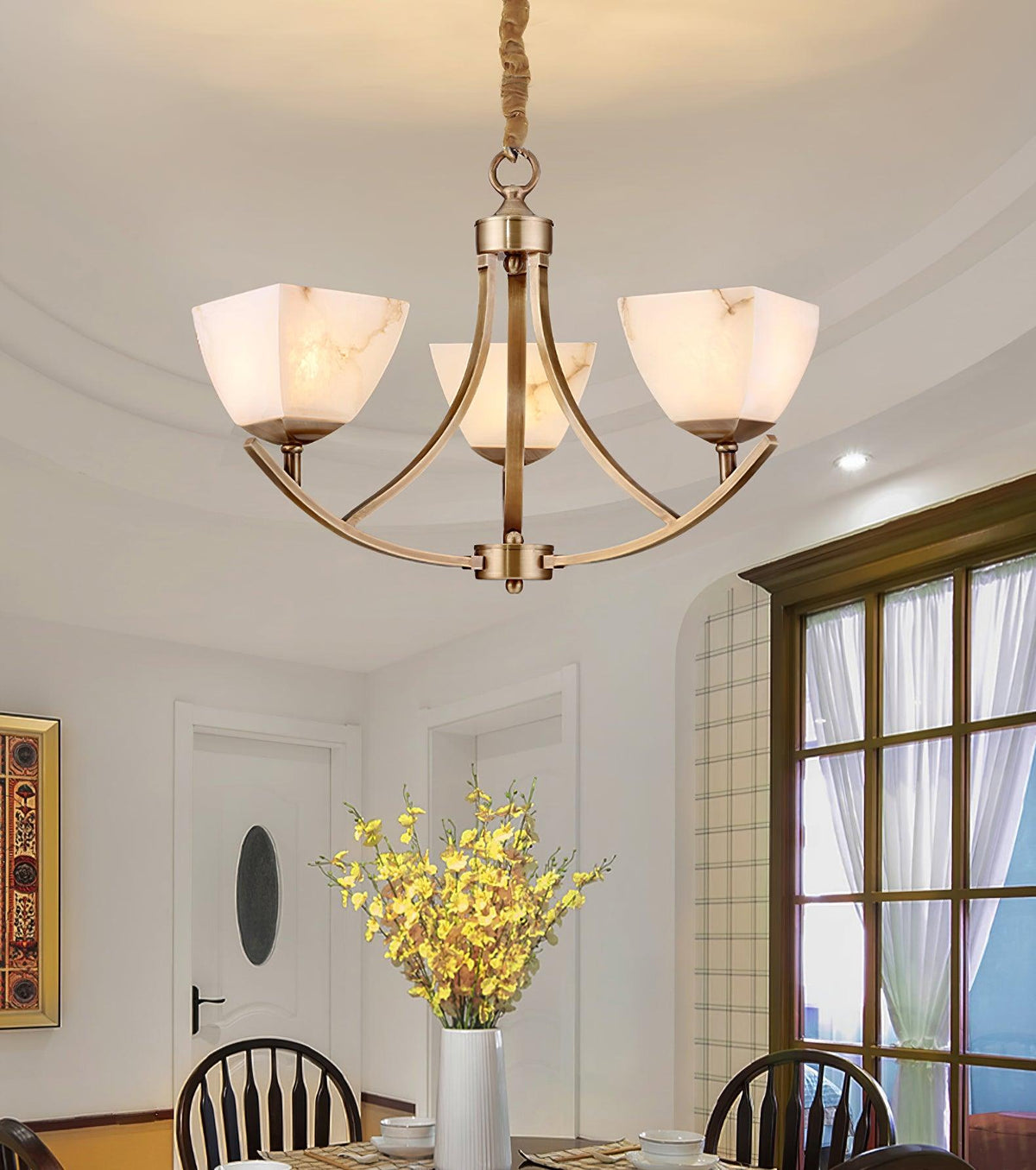 Dover Brass Chandelier with Alabaster Shades – 8-Light Modern Luxury Ceiling Light