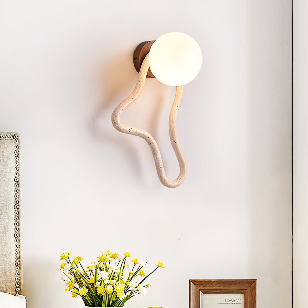 Driftform Travertine Wall Sconce with Opal Glass Globe