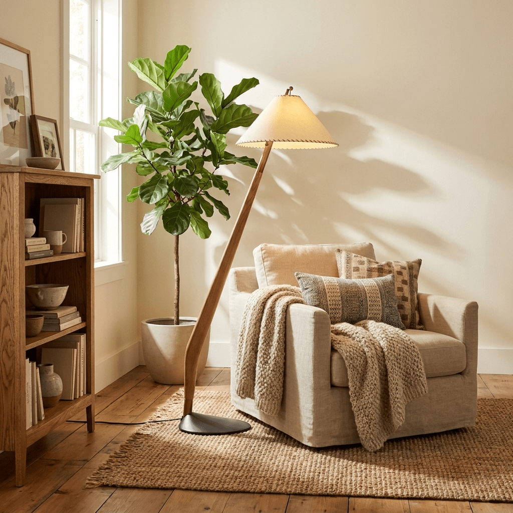 Driftwood Tilt Floor Lamp – Natural Wood & Fabric Shade, Modern Floor Light