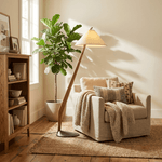 Driftwood Tilt Floor Lamp – Natural Wood & Fabric Shade, Modern Floor Light