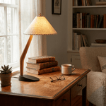 Driftwood Tilt Table Lamp – Sculptural Wooden Bedside Light with Beige Linen Shade