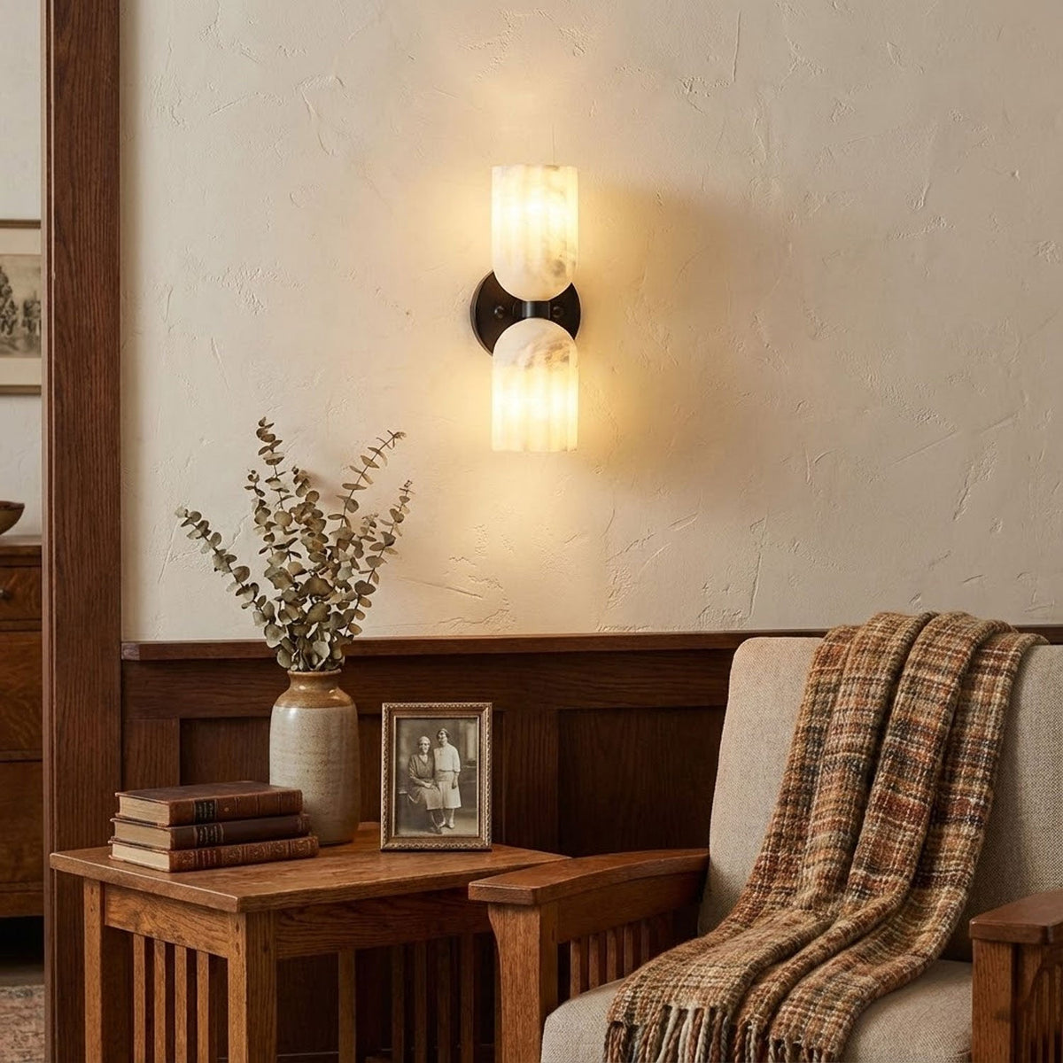 Dual Alabaster Ribbed Wall Sconce in Brass | Luxury Bedroom & Hallway Lighting