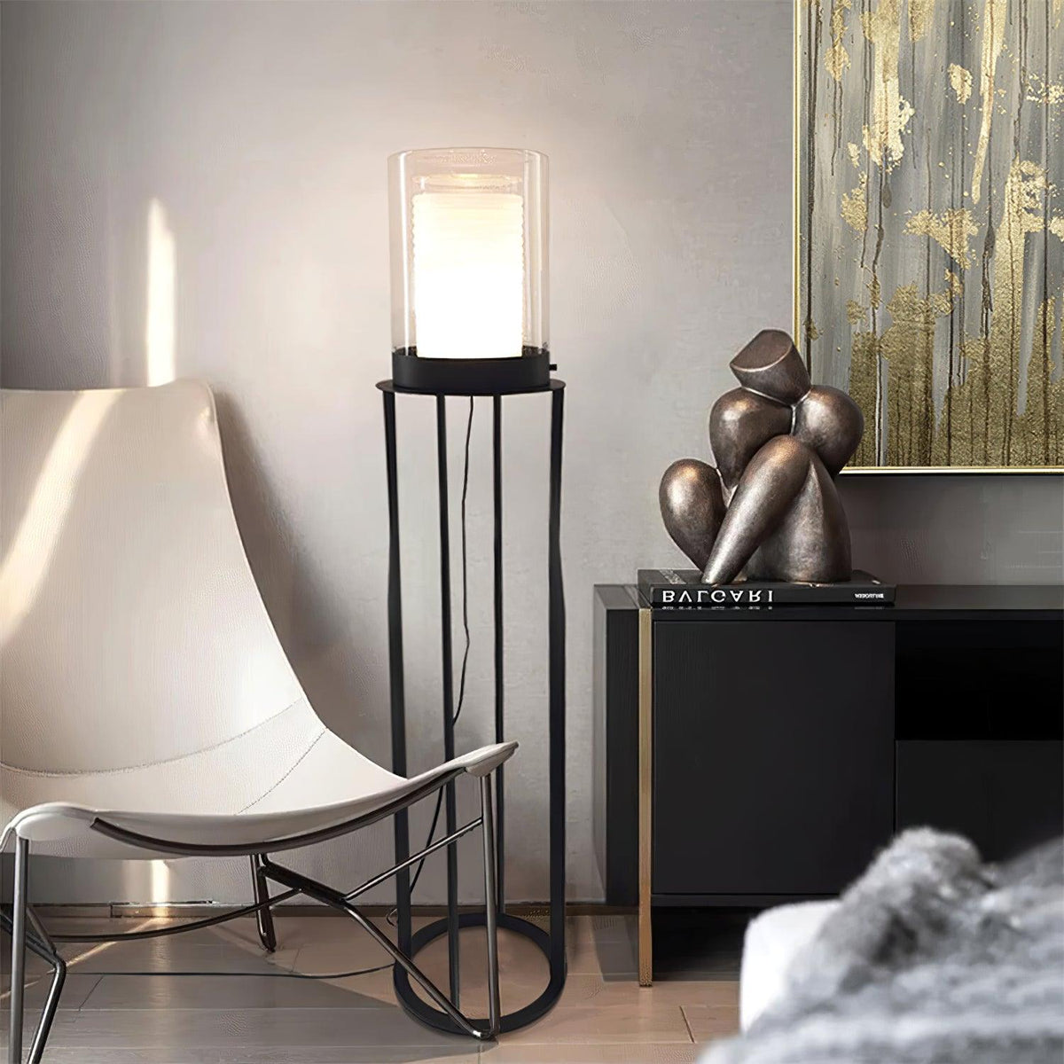 Dual Cylinder Glass LED Floor Lamp – Modern Matte Black Sculptural Lighting