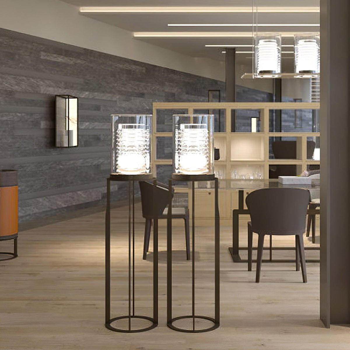Dual Cylinder Glass LED Floor Lamp – Modern Matte Black Sculptural Lighting
