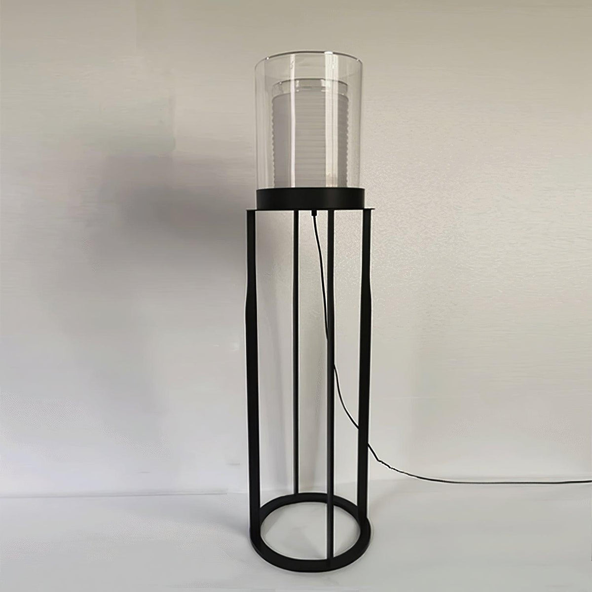 Dual Cylinder Glass LED Floor Lamp – Modern Matte Black Sculptural Lighting