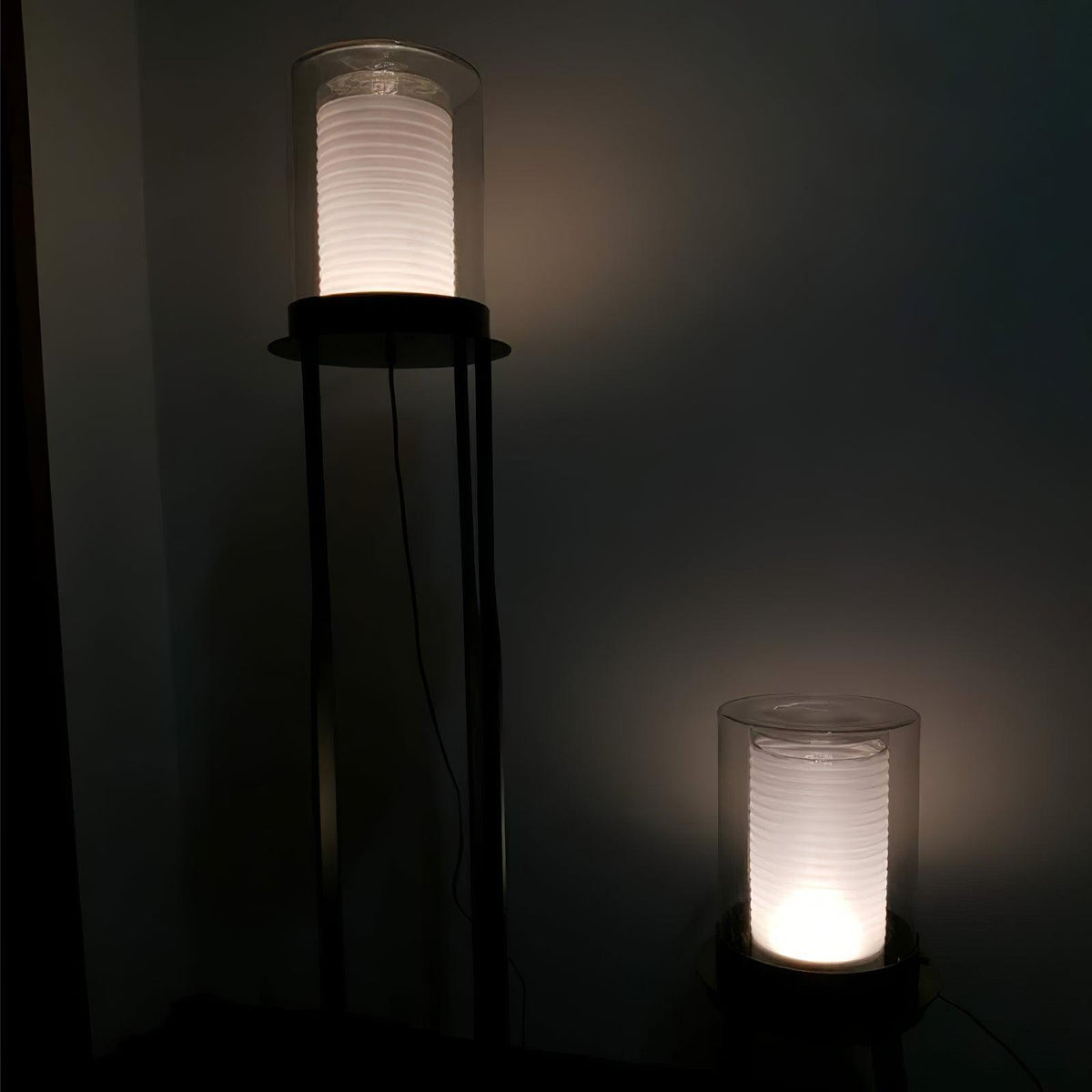 Dual Cylinder Glass LED Floor Lamp – Modern Matte Black Sculptural Lighting