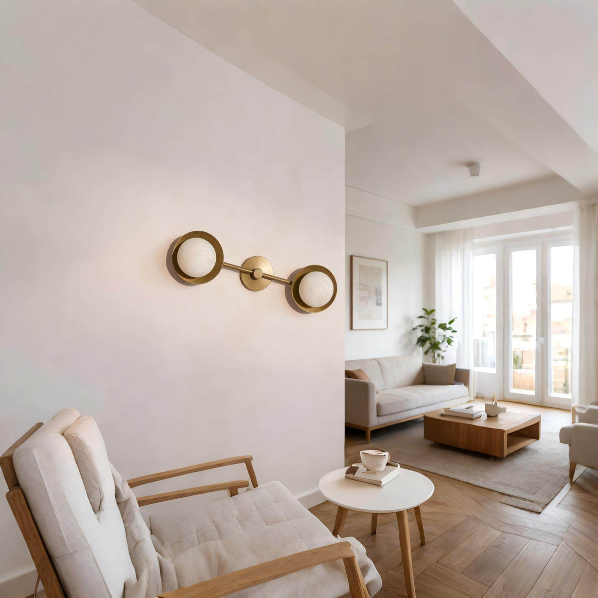 Dual Halo Alabaster Wall Sconce in Brass | Modern Wall Lighting
