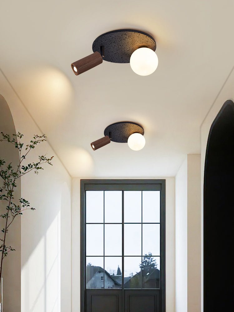 Dualora Stone Ceiling Light in Black Travertine with Opal Glass and Walnut Spotlight
