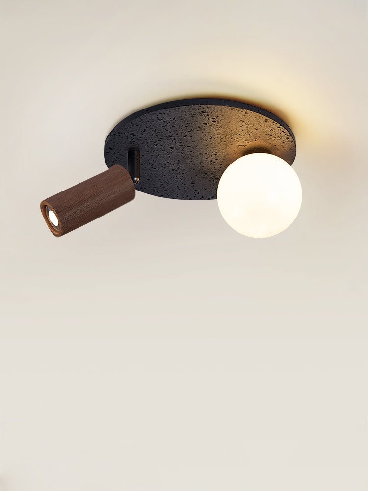 Dualora Stone Ceiling Light in Black Travertine with Opal Glass and Walnut Spotlight