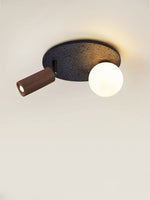 Dualora Stone Ceiling Light in Black Travertine with Opal Glass and Walnut Spotlight