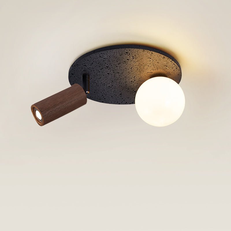 Dualora Stone Ceiling Light in Black Travertine with Opal Glass and Walnut Spotlight