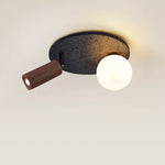 Dualora Stone Ceiling Light in Black Travertine with Opal Glass and Walnut Spotlight