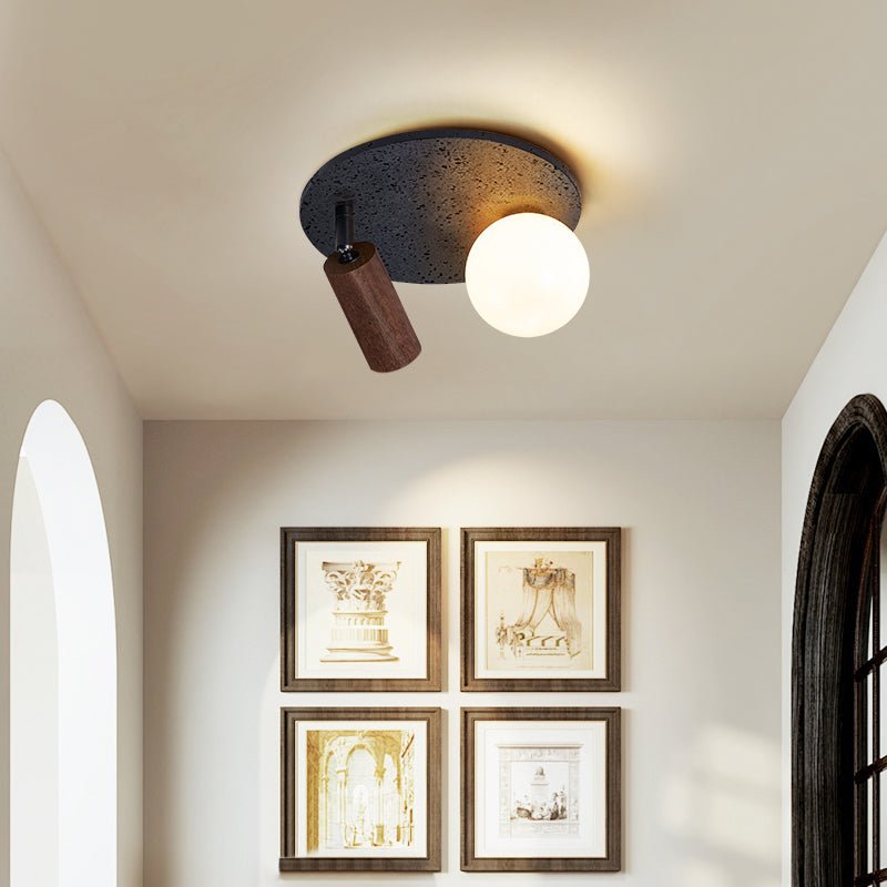Dualora Stone Ceiling Light in Black Travertine with Opal Glass and Walnut Spotlight