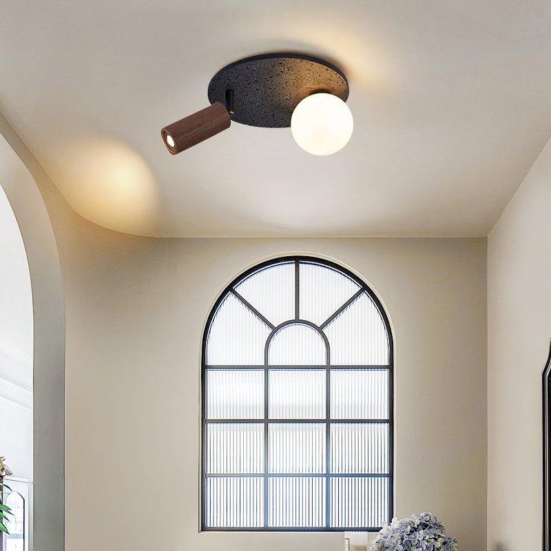 Dualora Stone Ceiling Light in Black Travertine with Opal Glass and Walnut Spotlight