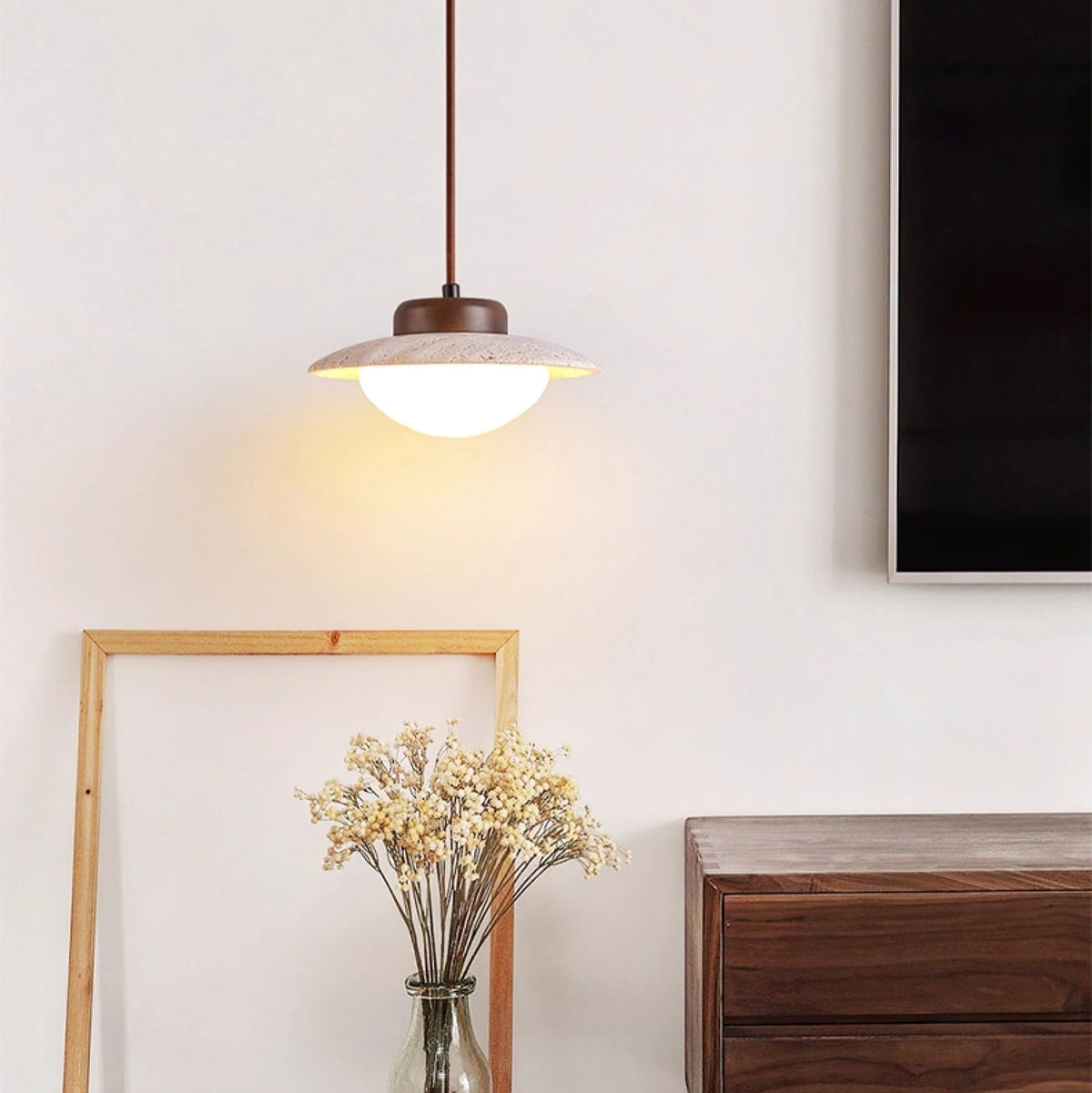 Duet Pendant Light in Travertine and Wood | Modern Minimalist Hanging Lamp for Dining and Living Spaces