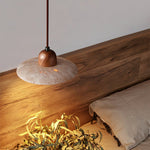 Duet Pendant Light in Travertine and Wood | Modern Minimalist Hanging Lamp for Dining and Living Spaces