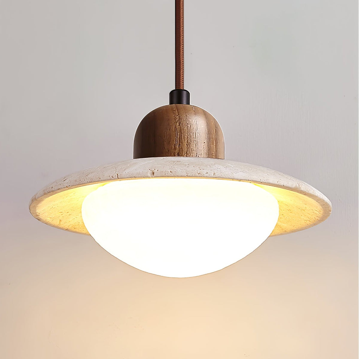 Duet Pendant Light in Travertine and Wood | Modern Minimalist Hanging Lamp for Dining and Living Spaces