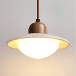 Duet Pendant Light in Travertine and Wood | Modern Minimalist Hanging Lamp for Dining and Living Spaces
