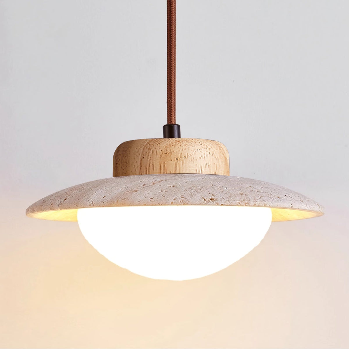 Duet Pendant Light in Travertine and Wood | Modern Minimalist Hanging Lamp for Dining and Living Spaces
