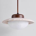 Duet Pendant Light in Travertine and Wood | Modern Minimalist Hanging Lamp for Dining and Living Spaces