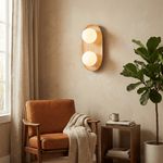 Duo Orb Wood Wall Sconce – Modern Scandinavian Bedroom Wall Light with Opal Glass Globes