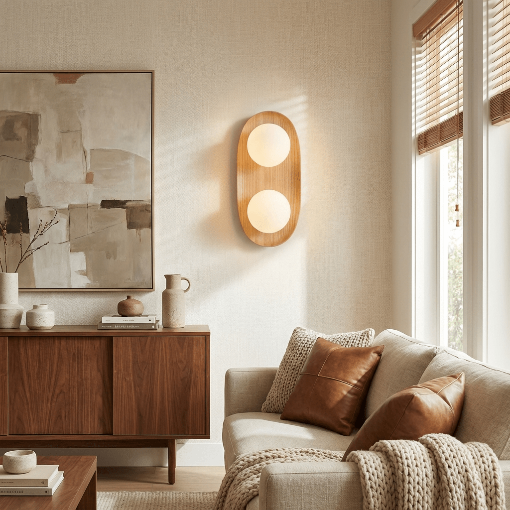 Duo Orb Wood Wall Sconce – Modern Scandinavian Bedroom Wall Light with Opal Glass Globes