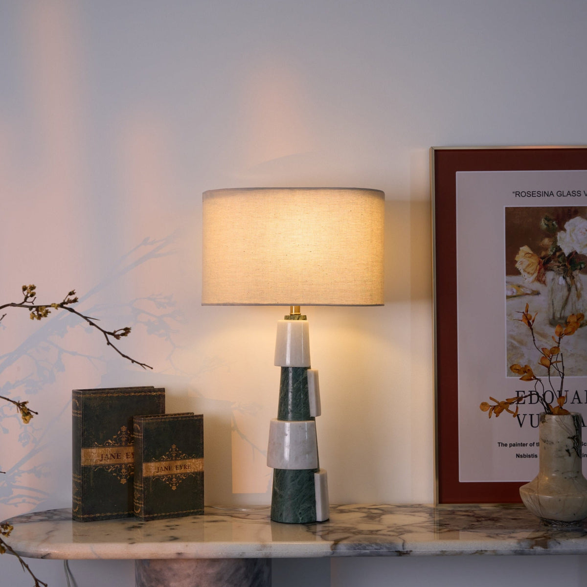 Duomo Marble Table Lamp – Sculptural Stone Base with Fabric Shade