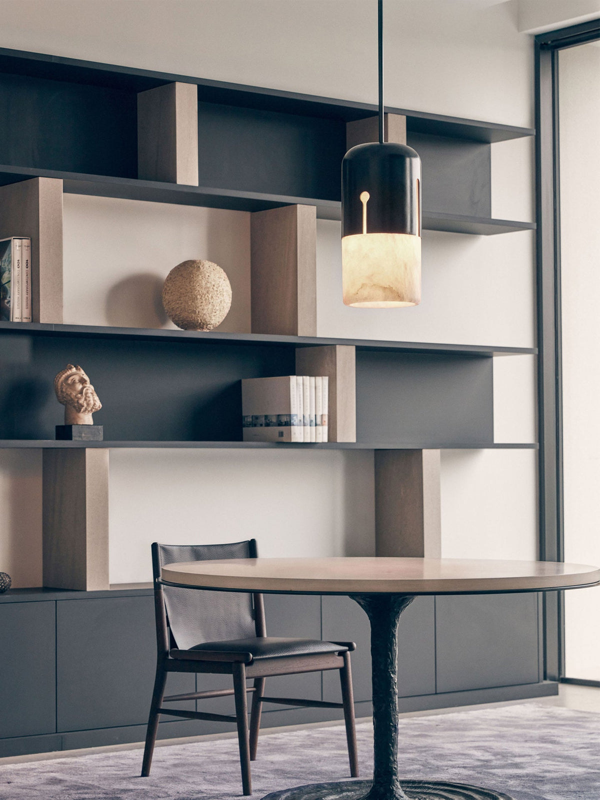 Duotone Alabaster Pendant Light with Iron Accent – Modern Designer Hanging Lamp