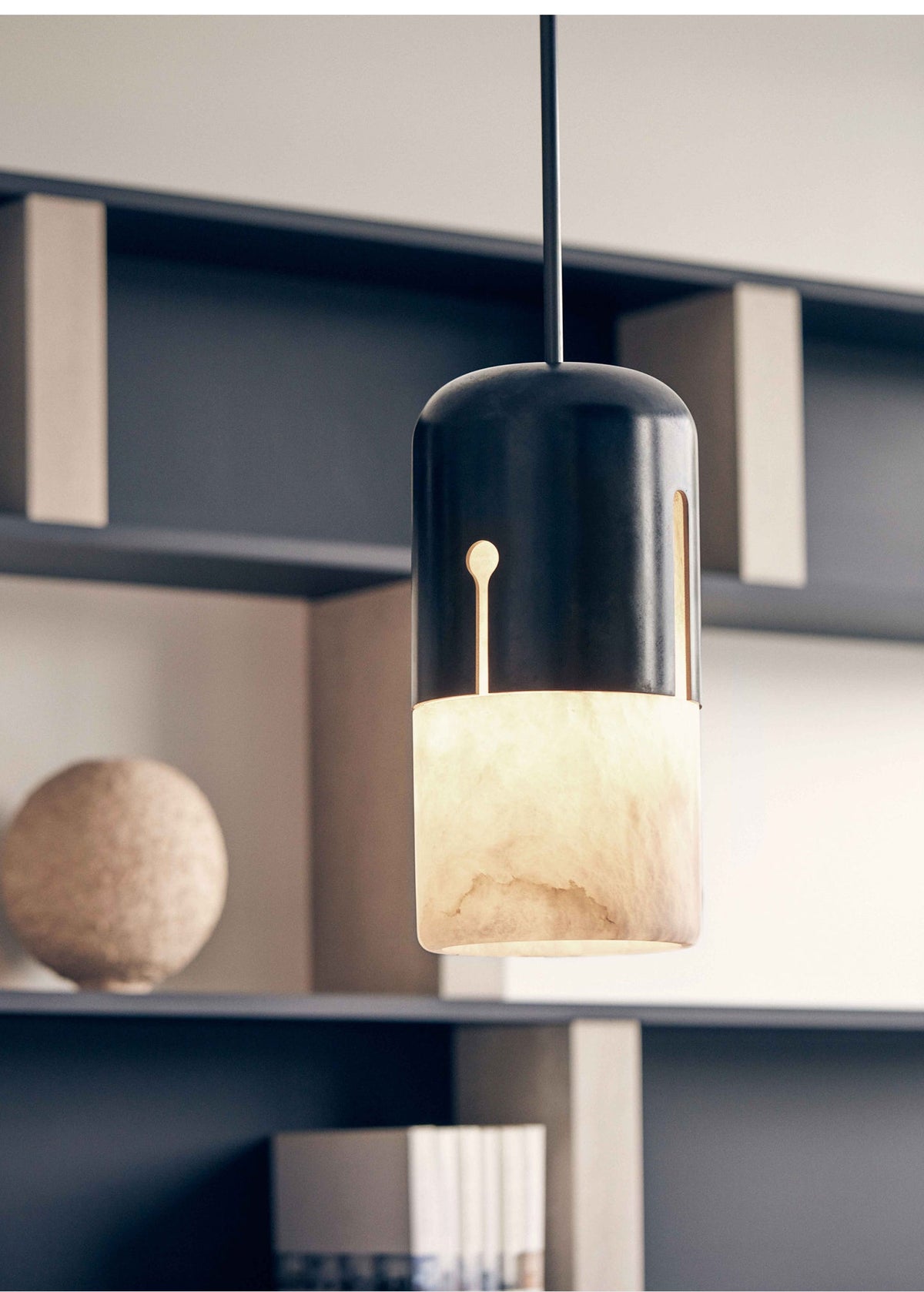 Duotone Alabaster Pendant Light with Iron Accent – Modern Designer Hanging Lamp
