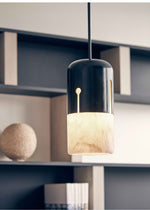 Duotone Alabaster Pendant Light with Iron Accent – Modern Designer Hanging Lamp
