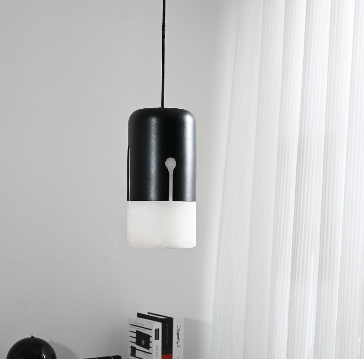 Duotone Alabaster Pendant Light with Iron Accent – Modern Designer Hanging Lamp