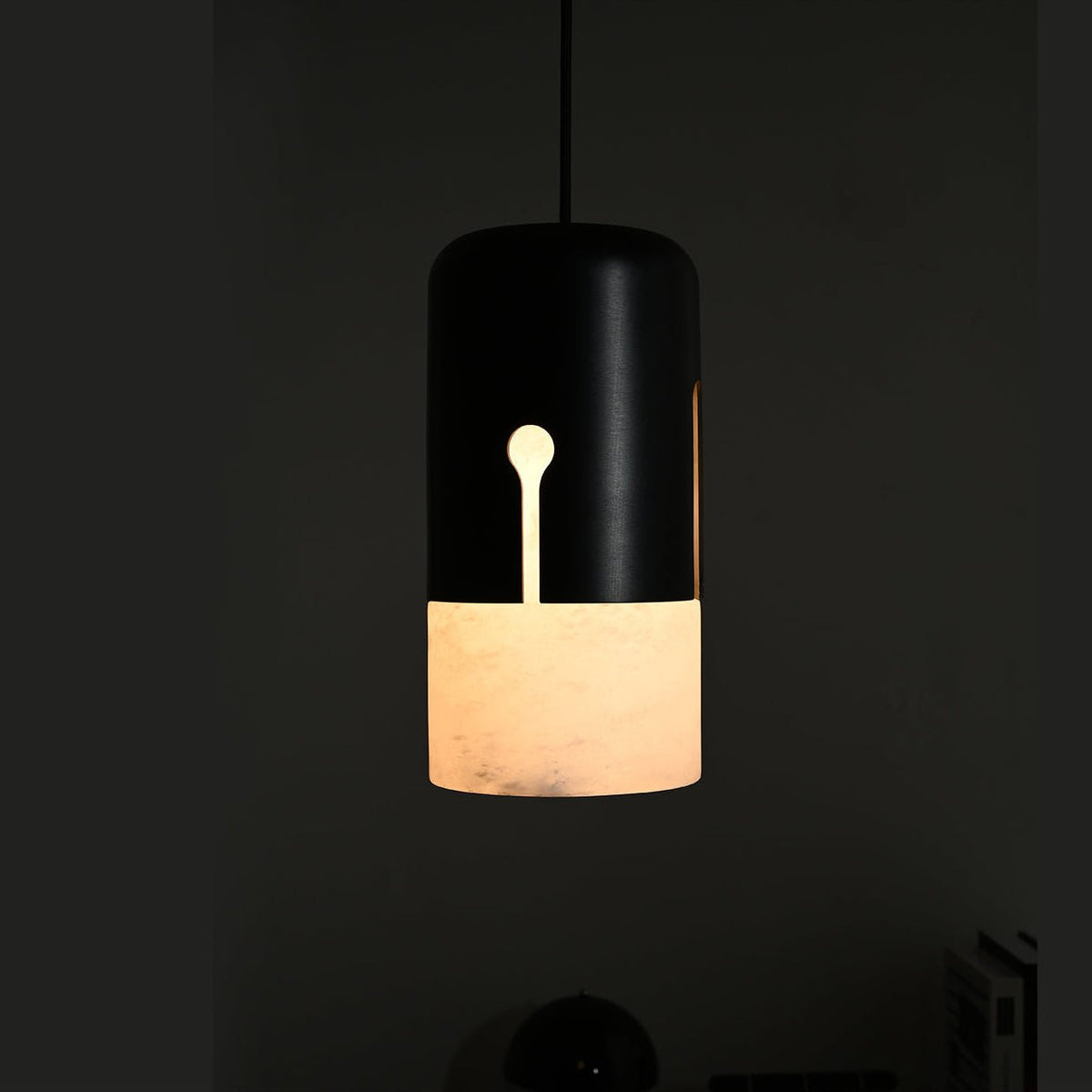 Duotone Alabaster Pendant Light with Iron Accent – Modern Designer Hanging Lamp
