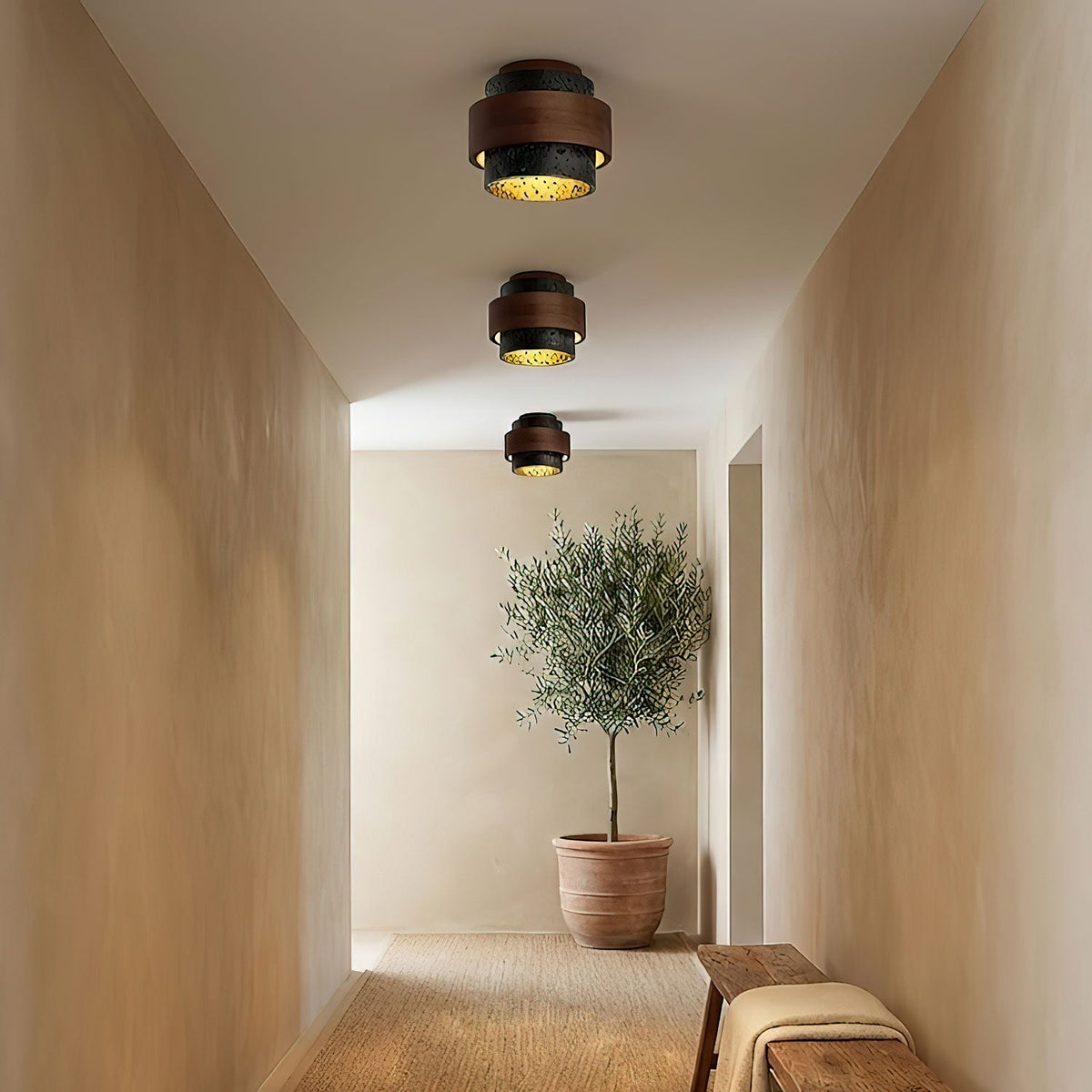 Ebony Stone & Walnut Flush Mount Ceiling Light – Modern Minimalist