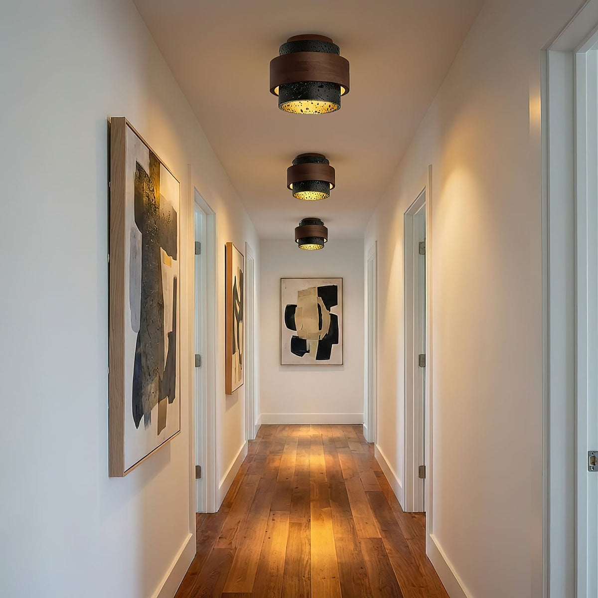 Ebony Stone & Walnut Flush Mount Ceiling Light – Modern Minimalist