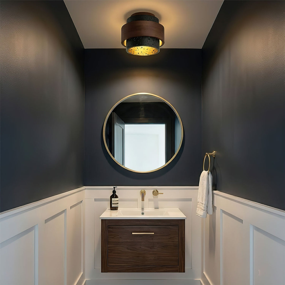 Ebony Stone & Walnut Flush Mount Ceiling Light – Modern Minimalist