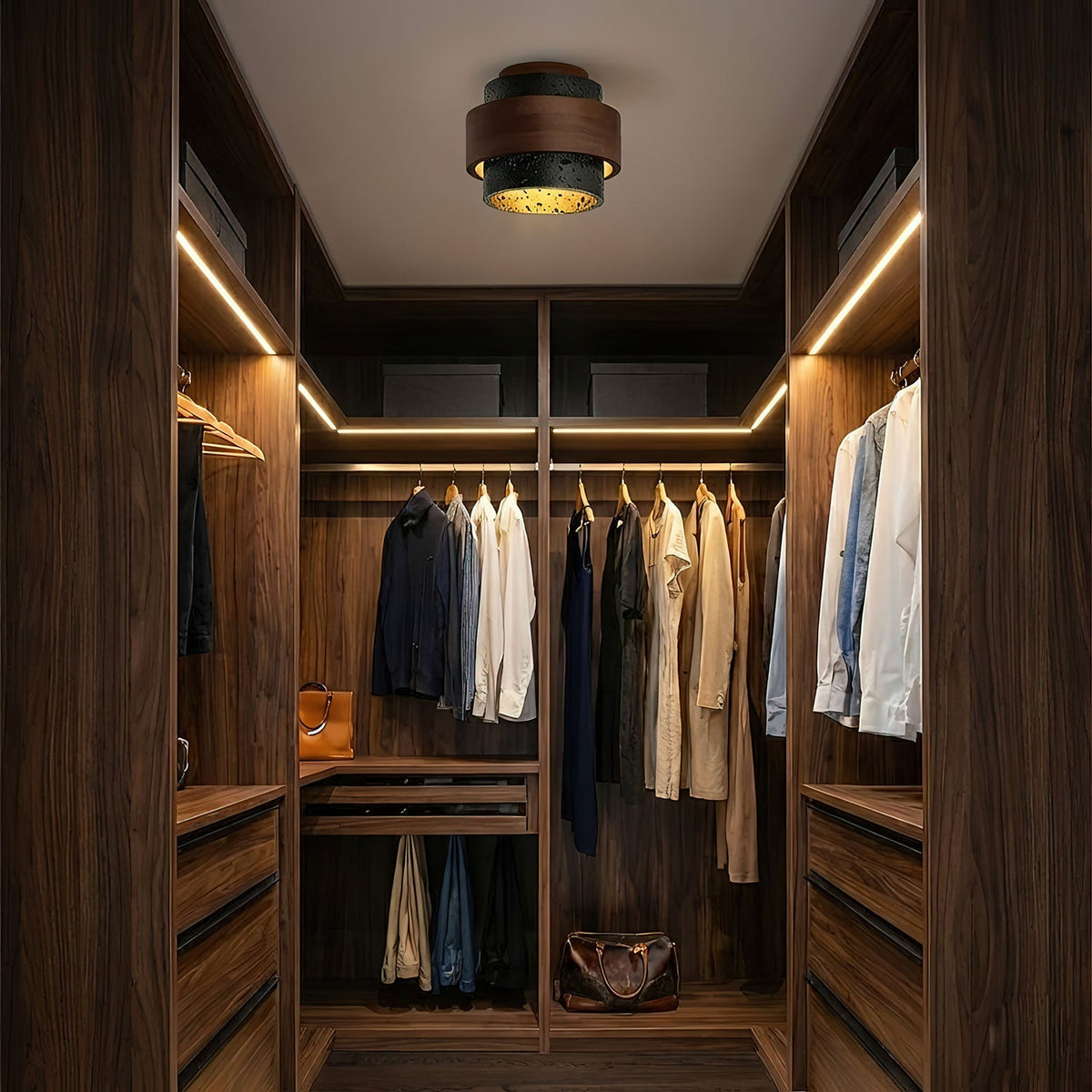 Ebony Stone & Walnut Flush Mount Ceiling Light – Modern Minimalist