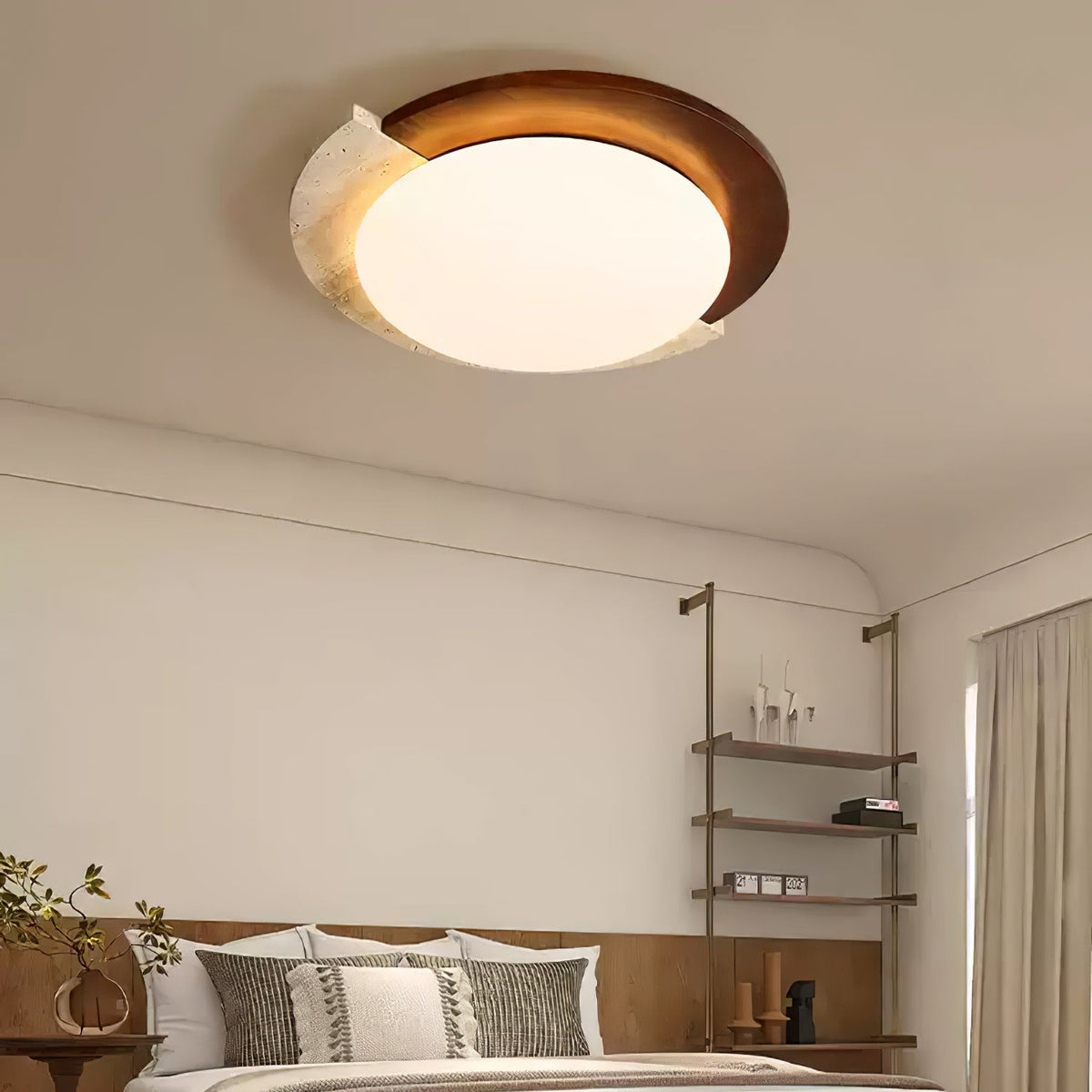 Eclipse Halo Ceiling Lamp in Travertine and Wood – Modern Flush Mount LED Light