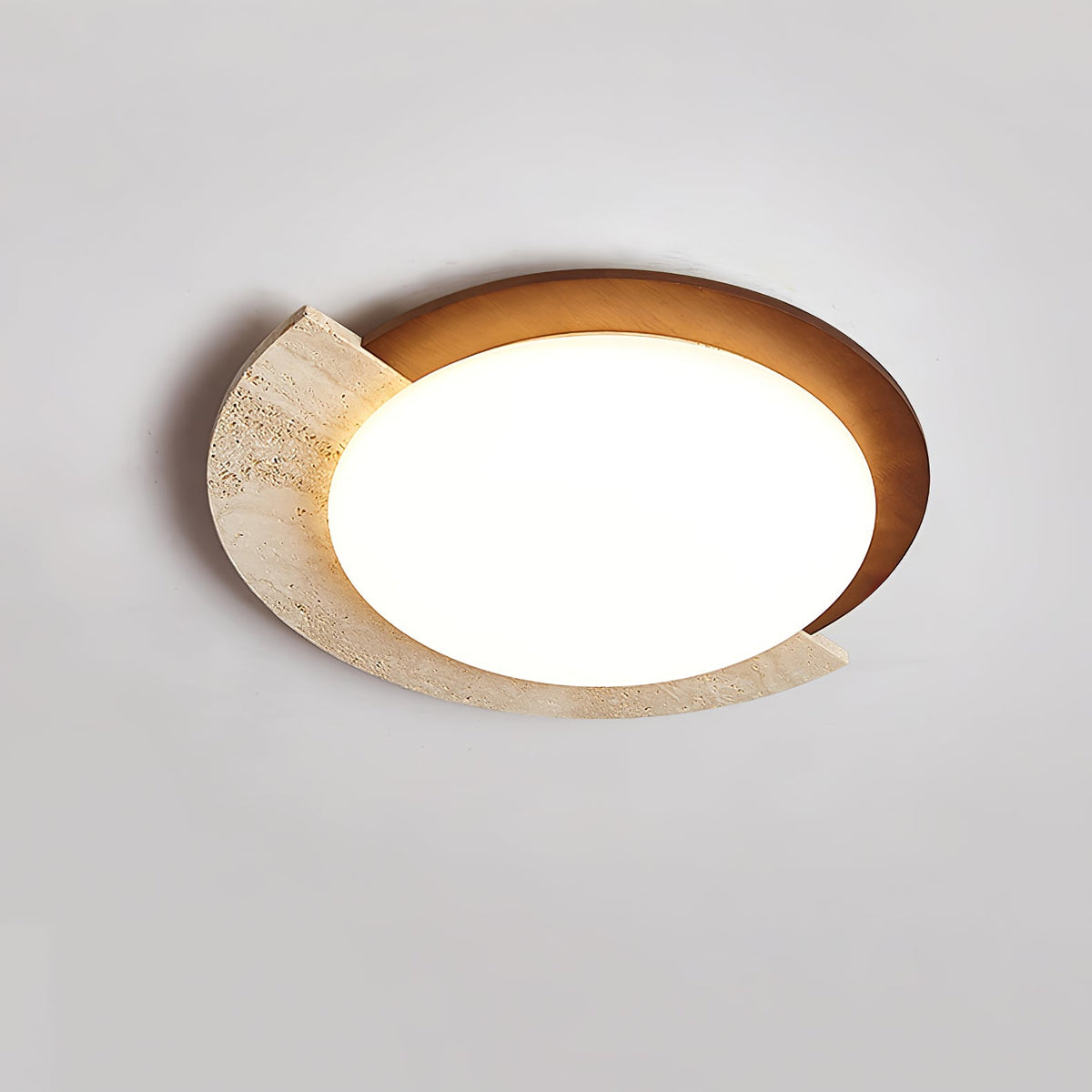 Eclipse Halo Ceiling Lamp in Travertine and Wood – Modern Flush Mount LED Light