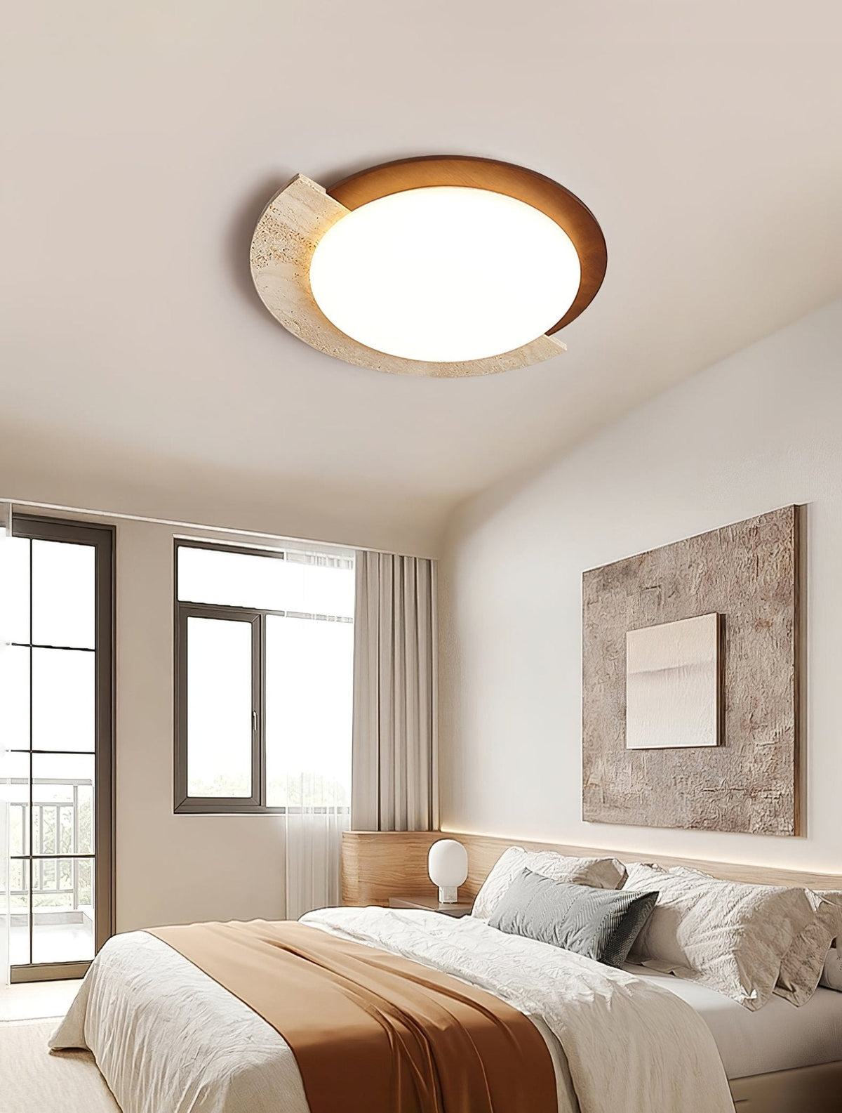 Eclipse Halo Ceiling Lamp in Travertine and Wood – Modern Flush Mount LED Light