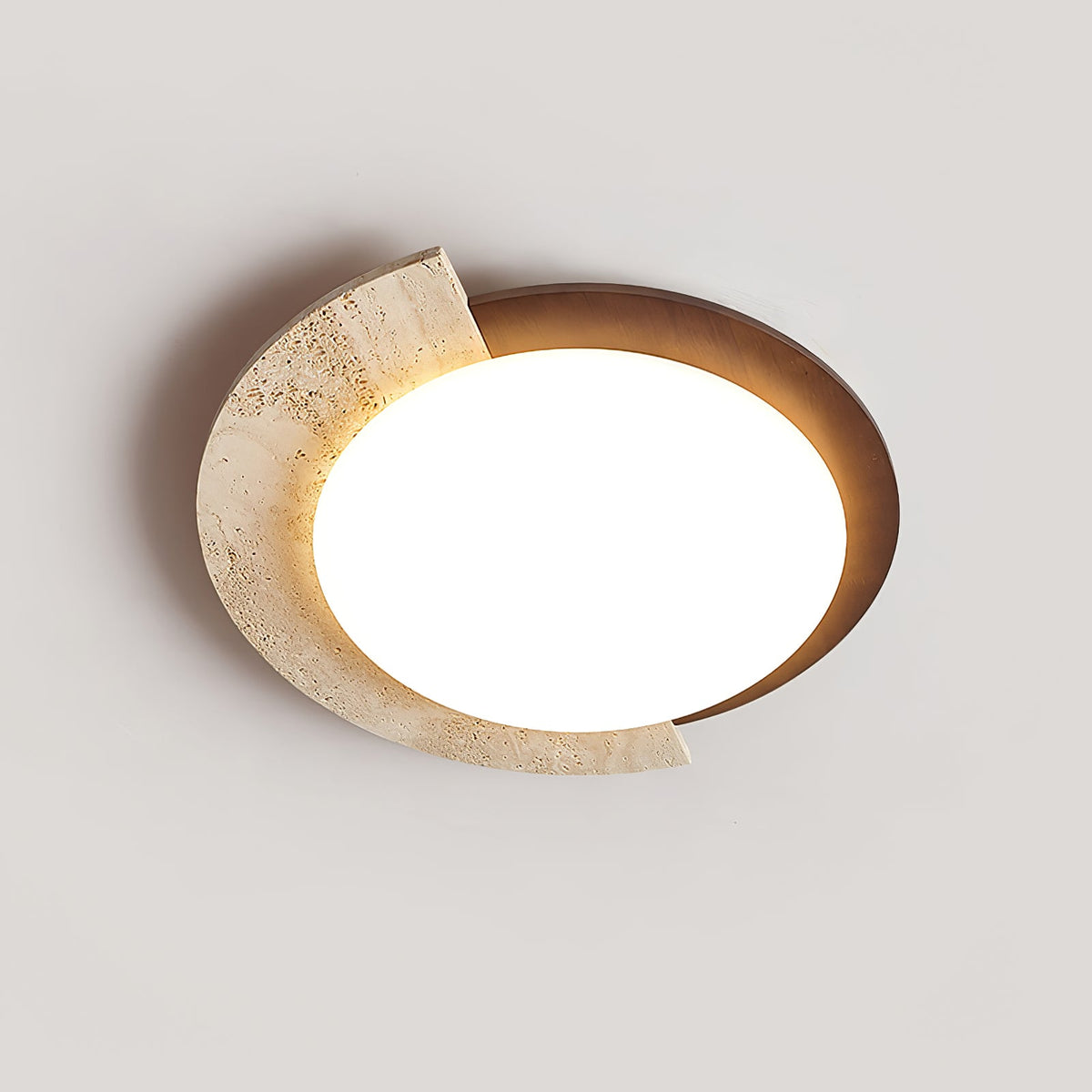 Eclipse Halo Ceiling Lamp in Travertine and Wood – Modern Flush Mount LED Light