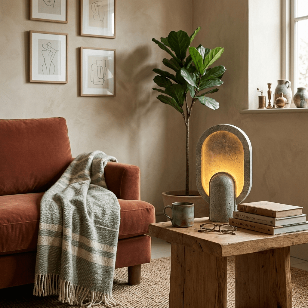 Eclipse Travertine Table Lamp – Sculptural Stone Lighting for Modern Interiors