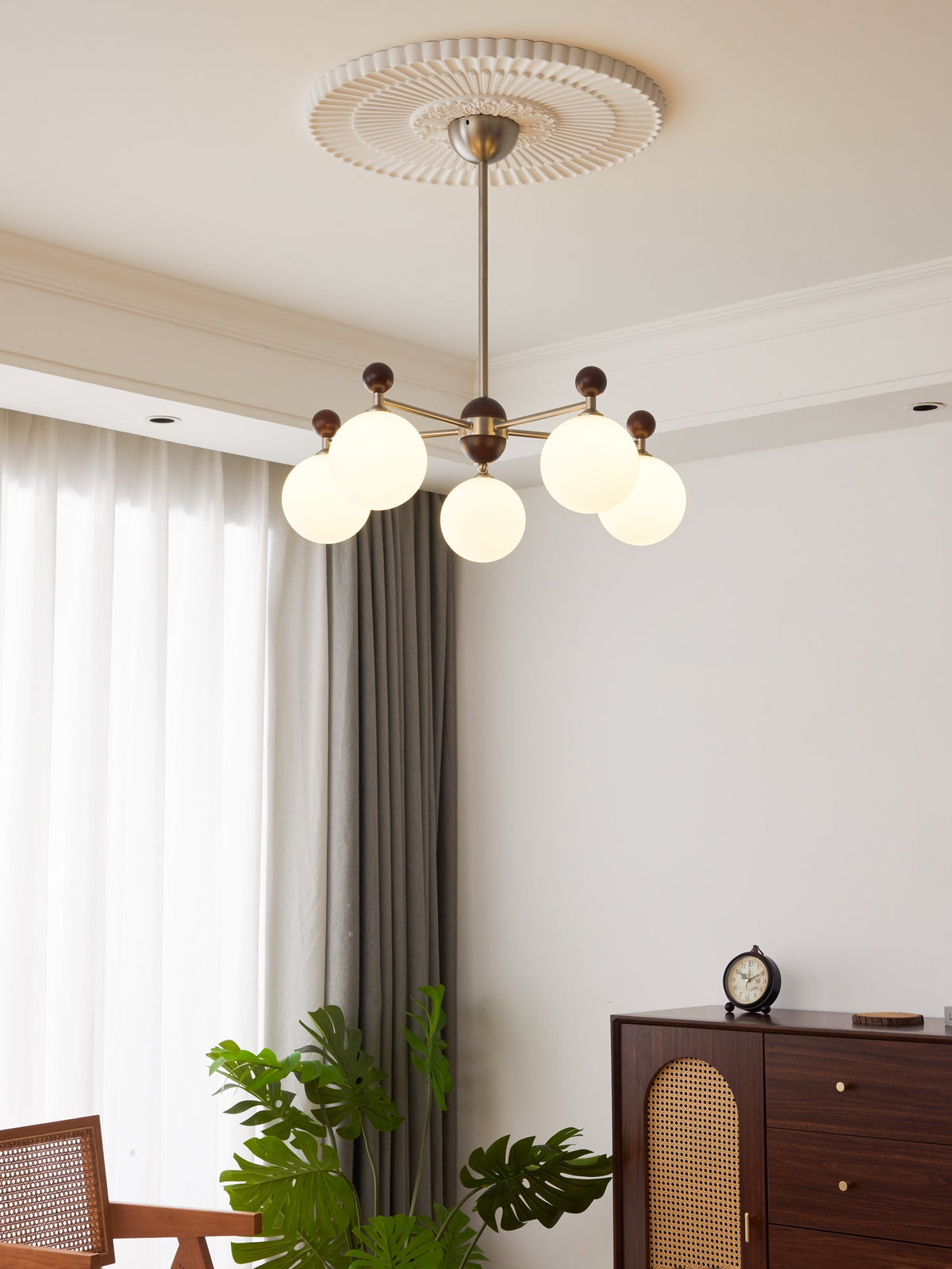 Ecliptica Modern Glass Chandelier with Walnut Accents for Dining Room and Living Room