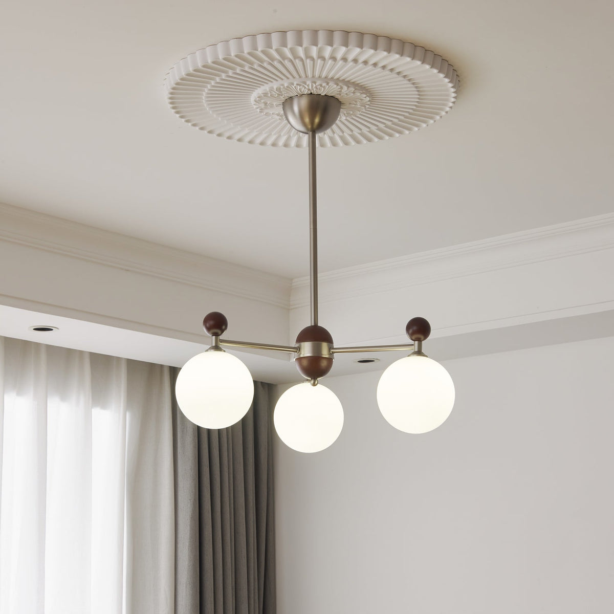 Ecliptica Modern Glass Chandelier with Walnut Accents for Dining Room and Living Room
