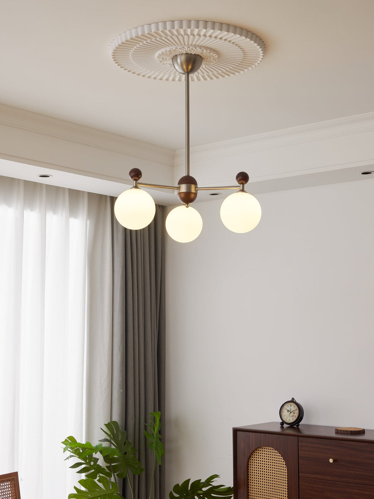 Ecliptica Modern Glass Chandelier with Walnut Accents for Dining Room and Living Room