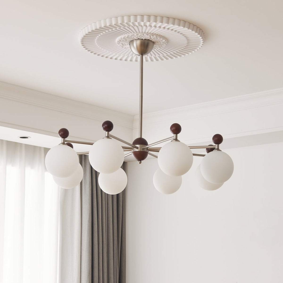 Ecliptica Modern Glass Chandelier with Walnut Accents for Dining Room and Living Room