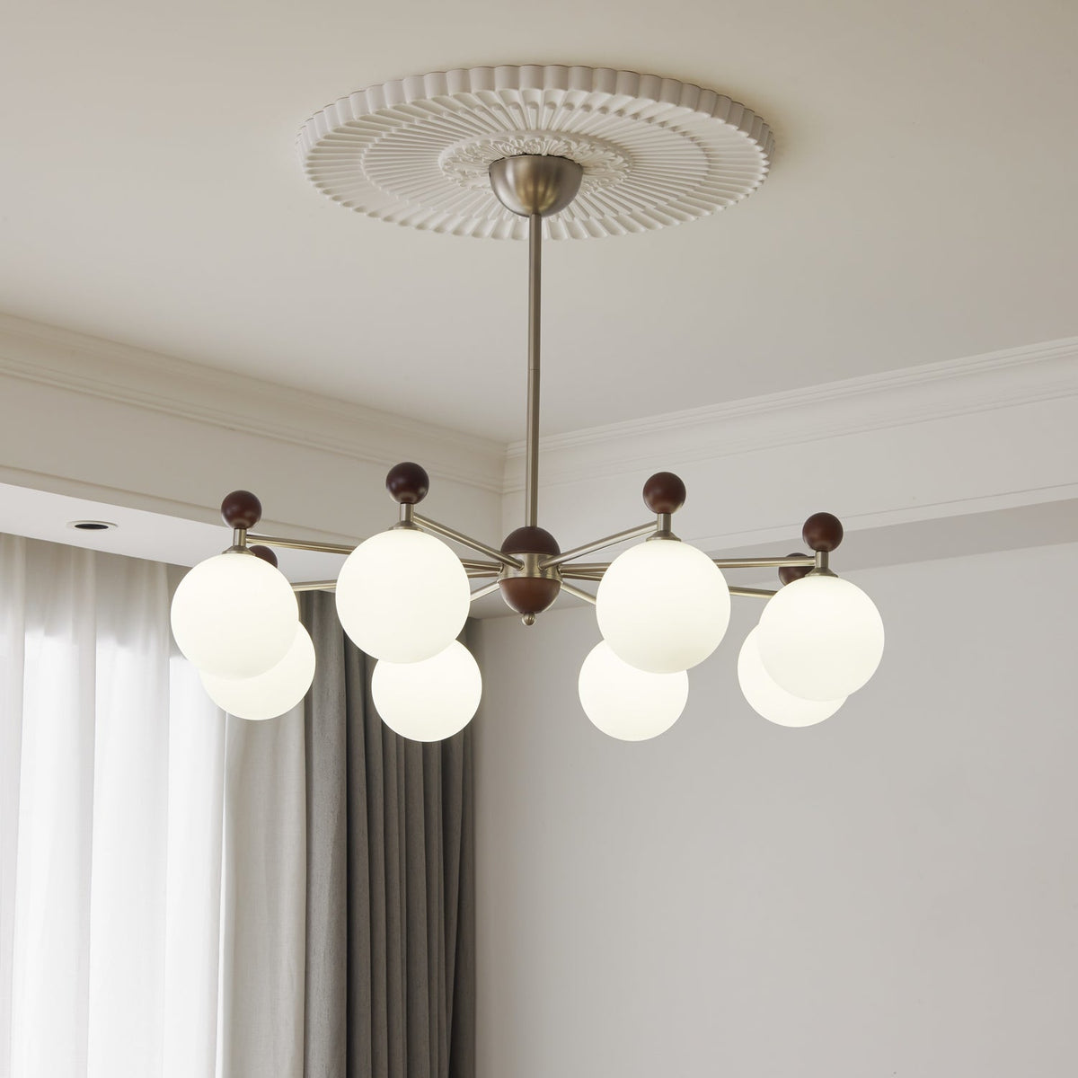 Ecliptica Modern Glass Chandelier with Walnut Accents for Dining Room and Living Room
