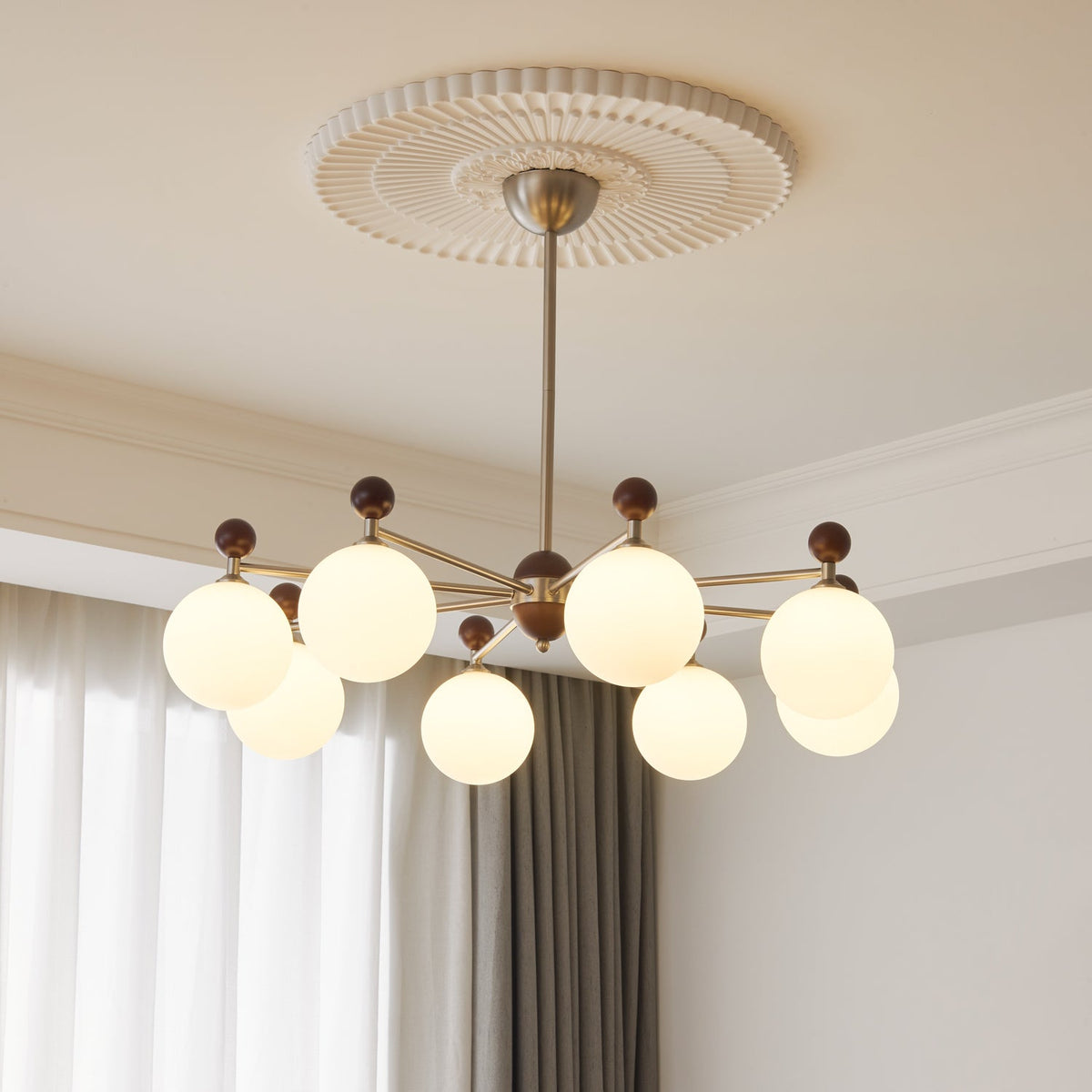 Ecliptica Modern Glass Chandelier with Walnut Accents for Dining Room and Living Room