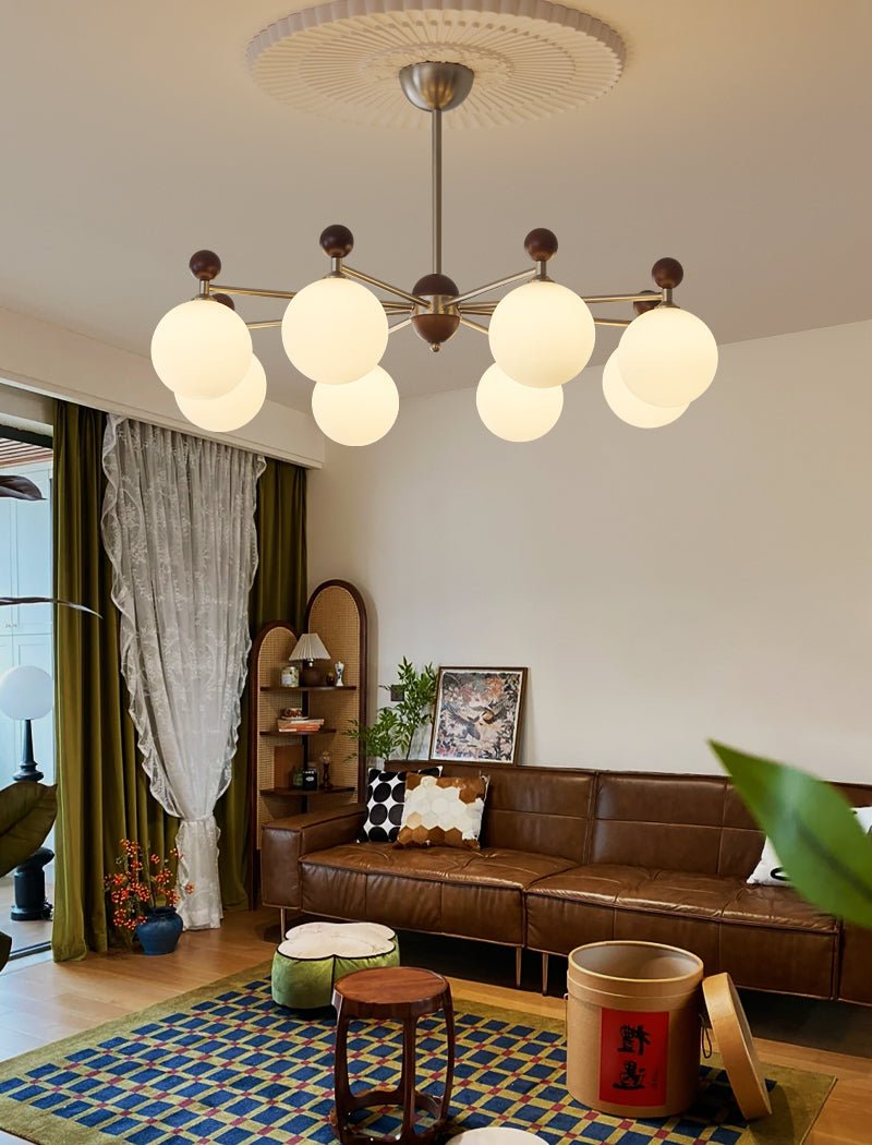 Ecliptica Modern Glass Chandelier with Walnut Accents for Dining Room and Living Room