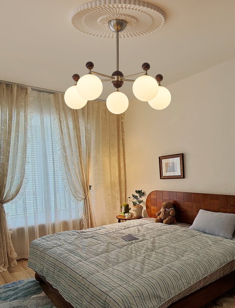 Ecliptica Modern Glass Chandelier with Walnut Accents for Dining Room and Living Room