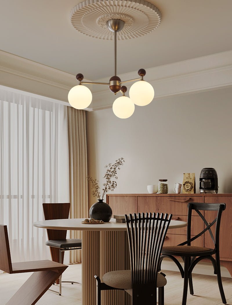 Ecliptica Modern Glass Chandelier with Walnut Accents for Dining Room and Living Room